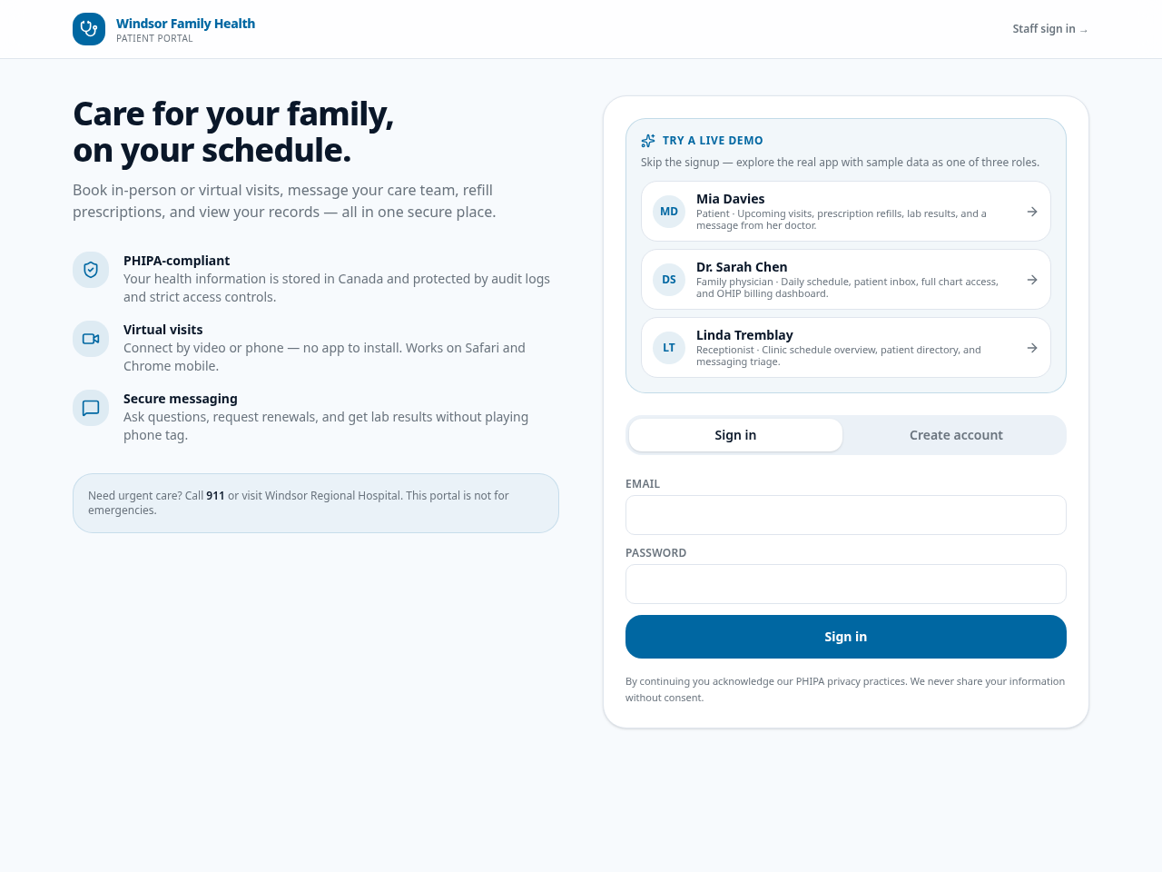 Screenshot of Windsor Family Health Portal
